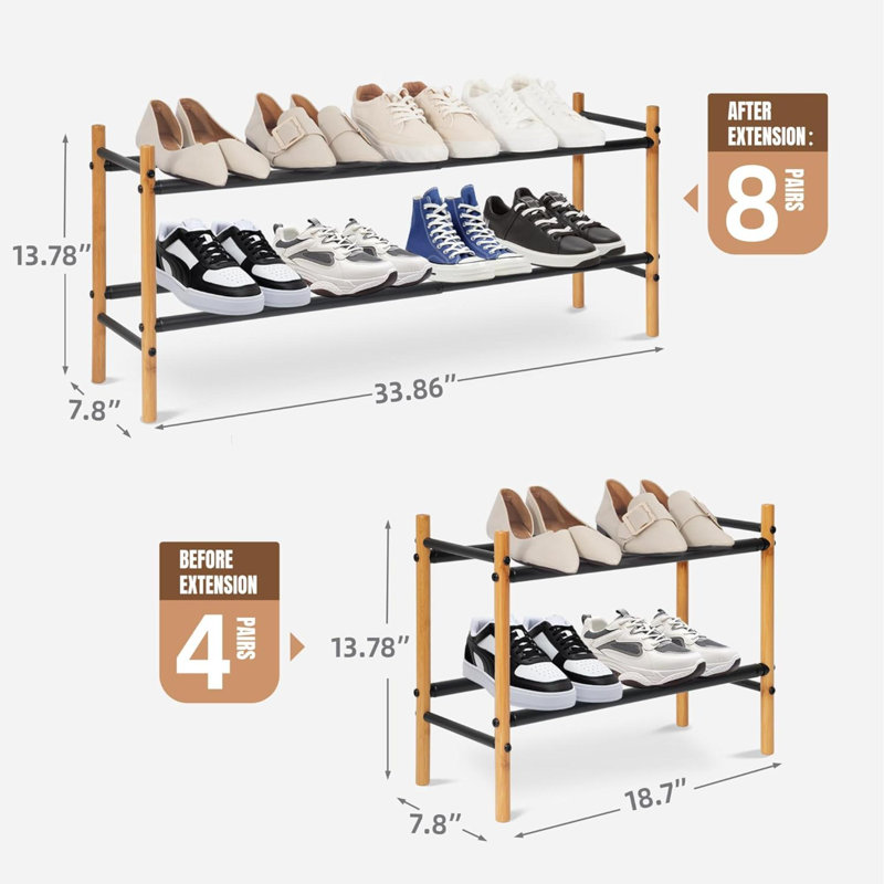 Range-chaussures extensible, étagère à chaussures empilable 8 paires, range-chaussures réglable en métal pour placard, entrée, couloir, garage, porte d'entrée, étagères à chaussures, 2 niveaux en bambou