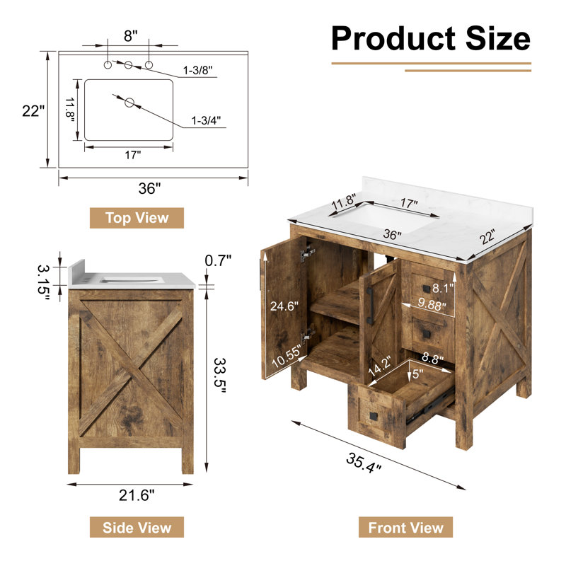 Linsay 36" Fully Assembled Rustic Brown Single Bathroom Vanity with Engineered Stone Marble Top, Soft-Close Doors