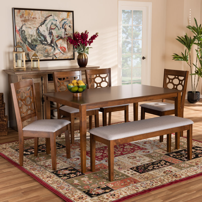 Sanches 6-Pc Dining Set in Grey Fabric and Walnut Finished Wood, 37.4'' H X 18.7'' W X 19.9'' D, Walnut Brown