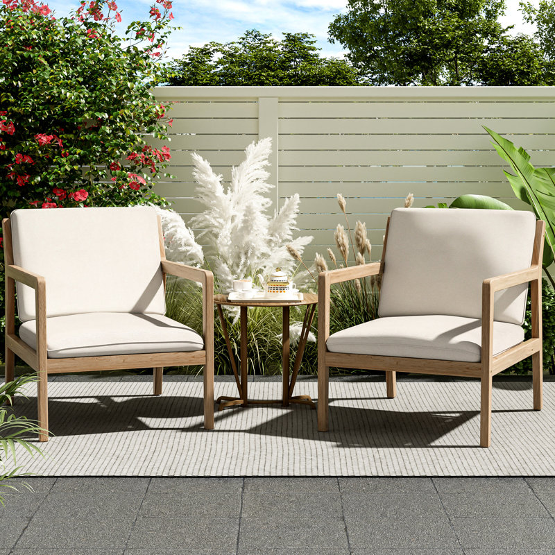 Ensemble de conversation d'extérieur en bois avec 2 chaises de club de patio contemporaines avec coussins d'eau et conception de 2 lattes de style pour le jardin