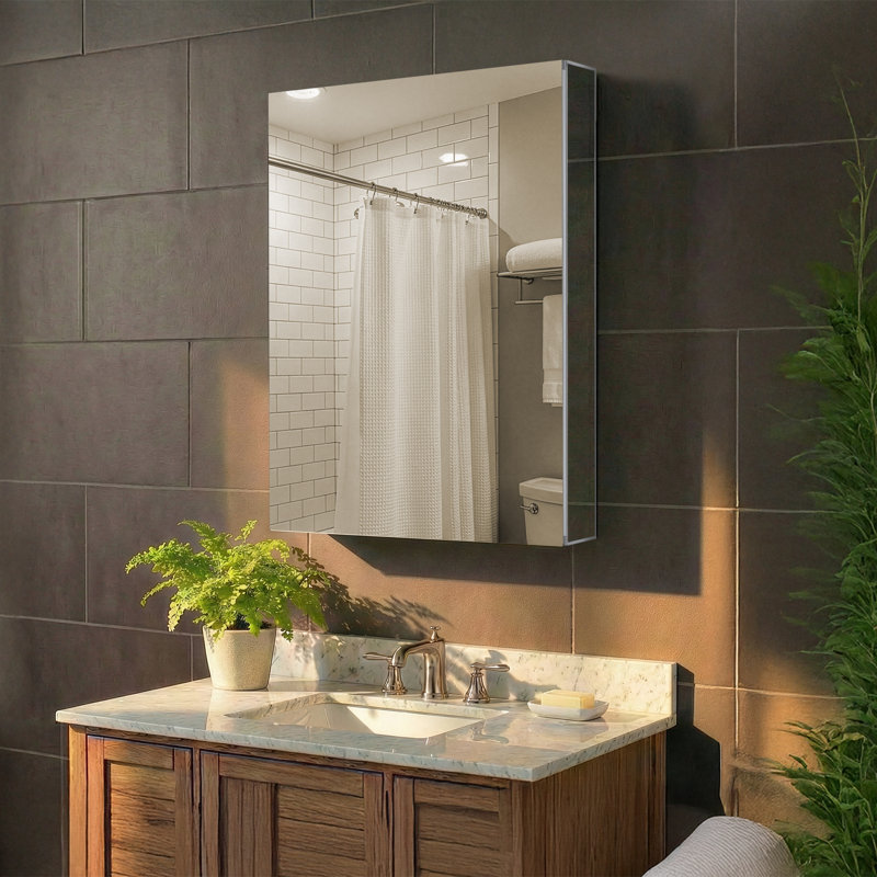 FINE FIXTURES Aluminum Frameless Recessed or Surface Mount Medicine Cabinet with 165° Soft-Close Hinges and Adjustable Glass Shelves