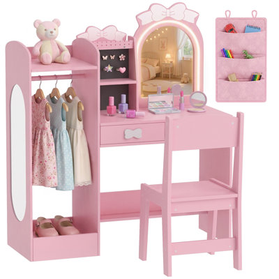 AIYAPLAY Kids Dressing Table with Stool, 2-Colour Lights Mirror, Pink