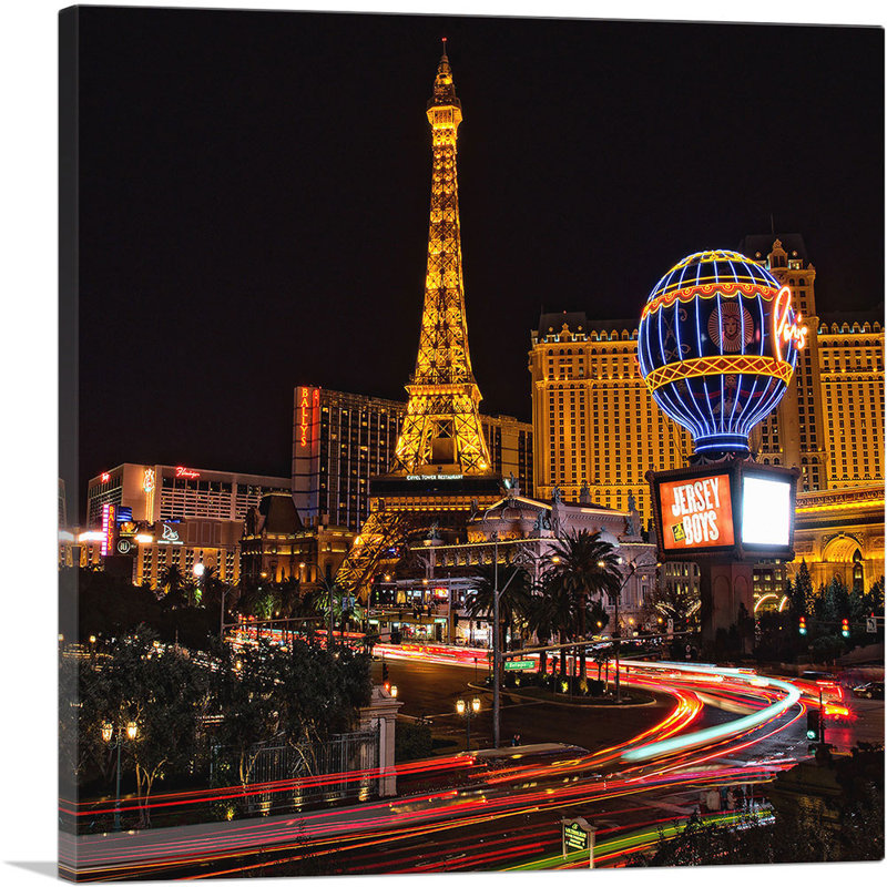 Las Vegas Eiffel Tower, restaurant at Night - reproduction de photo sur toile tendue, H 18 po x l 18 po x 1,5 po