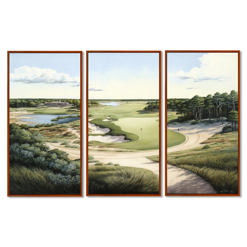 «Golf Course in The Summer», reproduction sur toile 3 pièces, Impression encadrée, H 40 po x l 60 po, Brun