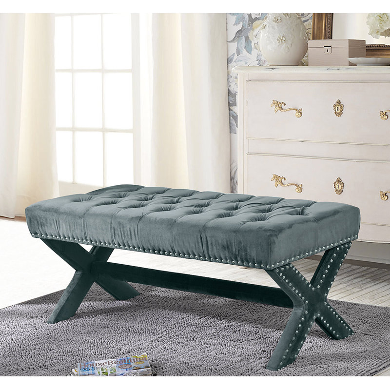 Banc en velours capitonné Lovell, Bleu ardoise