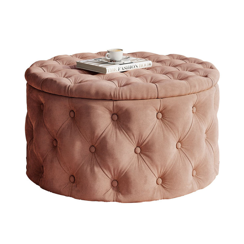 CHESTERFIELD Round Upholstered Pouf Hocker 70 cm, Pink Polyester