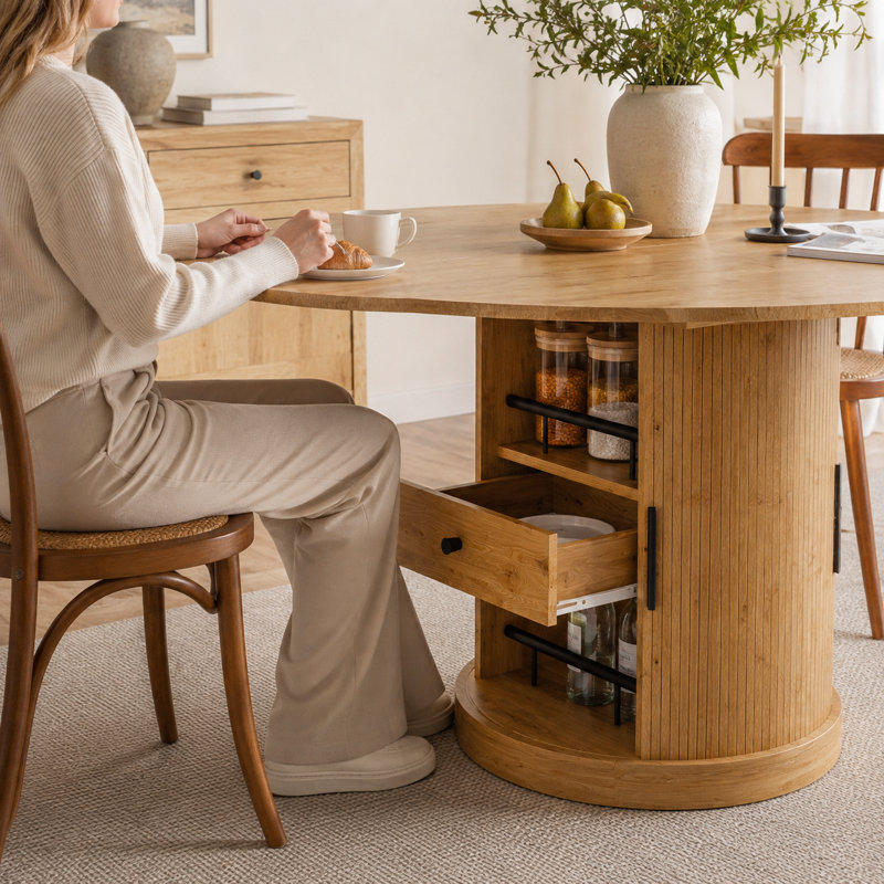 UNAROZ Extendable Oval Dining Table with 2-Tier Storage and Pedestal Base