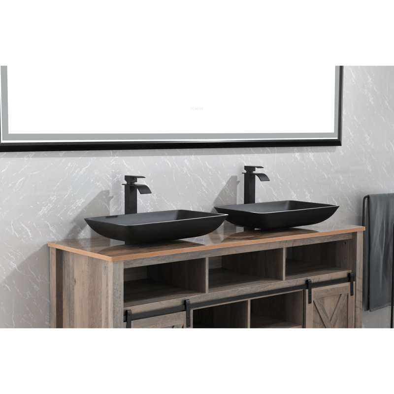 Rectangular Matte Black Glass Bathroom Sink. 22" X 14". Faucet And Pop-Up Drain. Elegant Style. Corrosion . Complete Kit Length. Drain Included. Classic To Rust