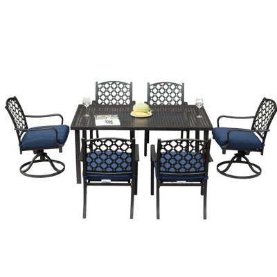 Mobilier de patio extérieur 7 pièces, métal et table, coussins bleu marine, solide pour la cour