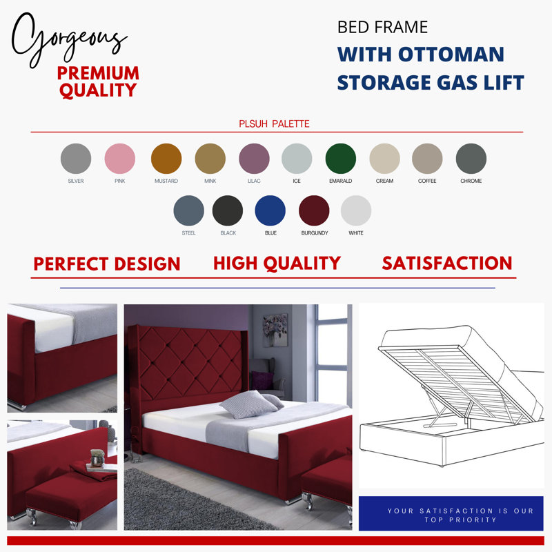 Upholstered Ottoman Storage Bed, Burgundy, Kingsize (5')