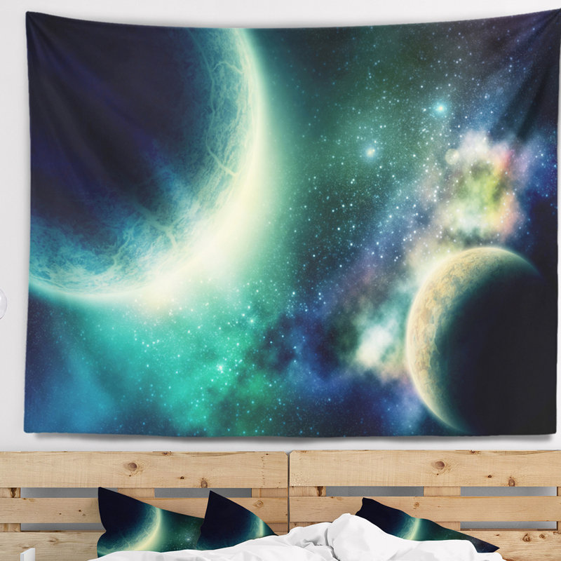 Tapisserie abstraite de deux planètes, H 50 po x l 60 po