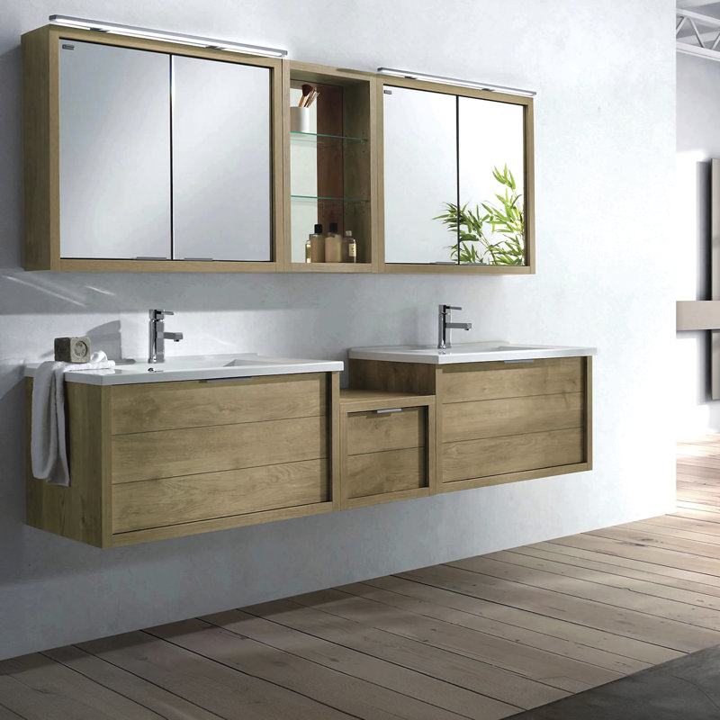 Armoire de meuble-lavabo double 2 tiroirs avec lavabo brillant Toscana DAX Modena, Chêne