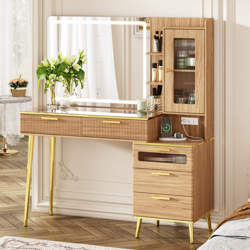 47.24" Makeup Vanity with 29.53" Lighted Mirror, 5 Drawers & Charging Station & 3 Light Modes, Beige