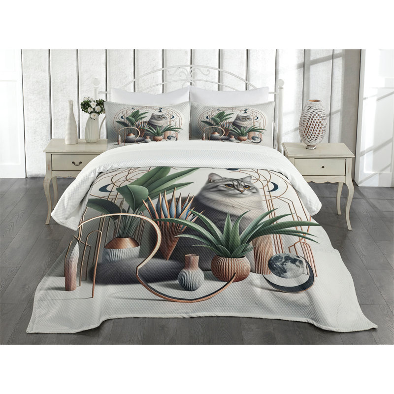 Grey Green Pale Rust Cat and Plant Queen Coverlet Set