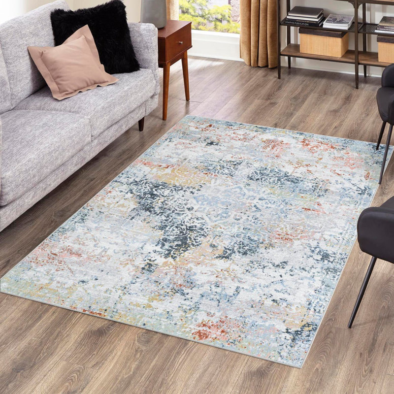 Tapis gris / bleu marine / taupe en polyester tissé à la machine Massie, Rectangle 3 pi 3 po x 5 pi 3 po