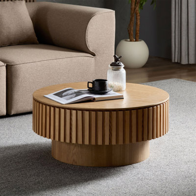Table basse 31,5 "ronde avec rangement Table d'appoint moderne en placage de bois massif pour salon, chambre à coucher, appartement ou bureau, bois naturel