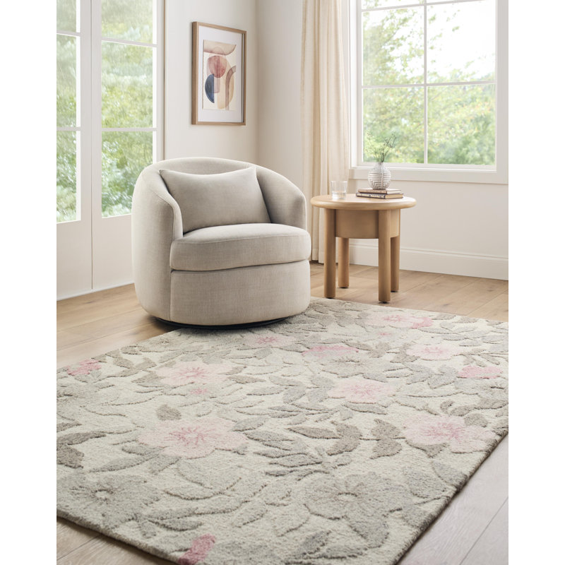 Tapis fait à la main Frances, Rectangle 5 pi x 7 pi 6 po, Rose / ivoire / gris