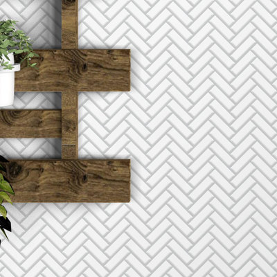 Herringbone White Herringbone Glossy 3D Sticker Tile