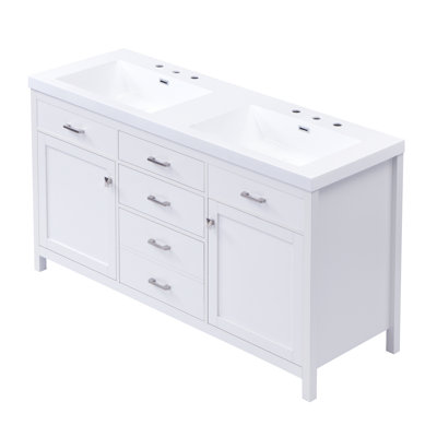 Meuble-lavabo avec lavabo en résine, portes et tiroirs à fermeture amortie, poignées en métal, tiroir supérieur basculant, 2 portes d'armoire, étagère réglable, tiroir avec séparateur amovible