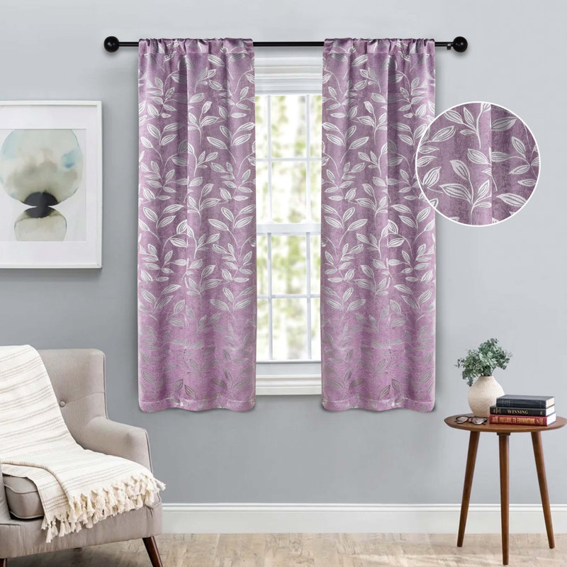  Modern Bohemian Leaves Pattern 100% Polyester Machine Washable Room Darkening Blackout Curtains, Wisteria, 36" W x 63" L