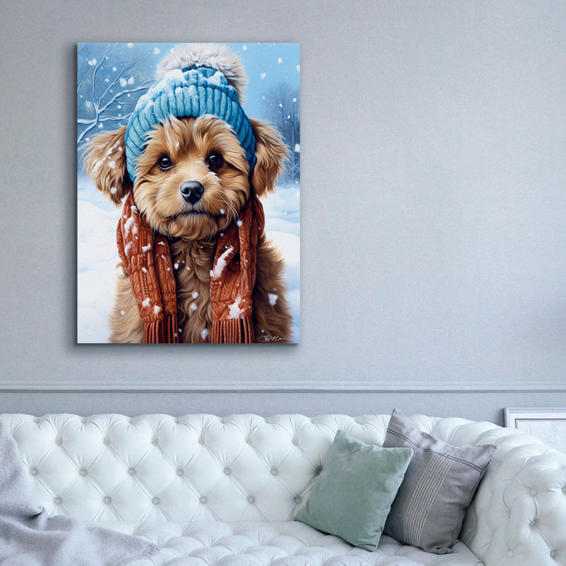 «Portrait of a Little Dog with Scarf and Wool Hat» par Momart, art mural sur toile, H 54 po x l 40 po x P 1,5 po