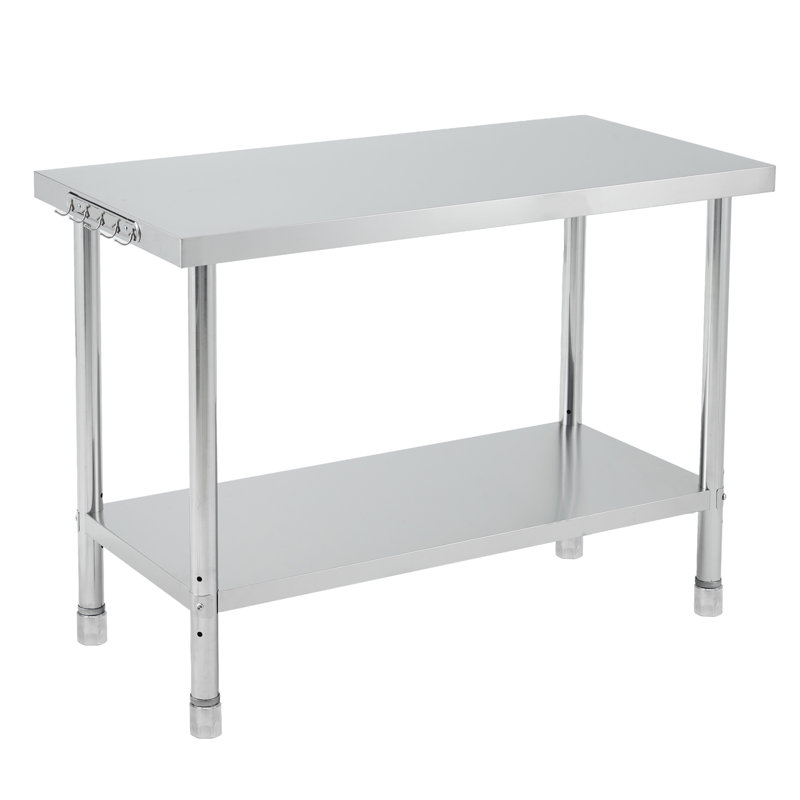Table de préparation robuste en acier inoxydable 48 po x 24 po x 35 po - Table de travail commerciale 201 avec tablette réglable, Pothook, bord droit - Poste de travail de cuisine - sans dossier - 4 pieds réglables