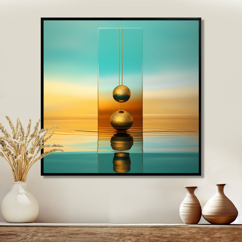 Harmonie dans un minimalisme doré - paysage abstrait, art mural, H 16 po x l 16 po x P 1 po, Cadre flottant noir