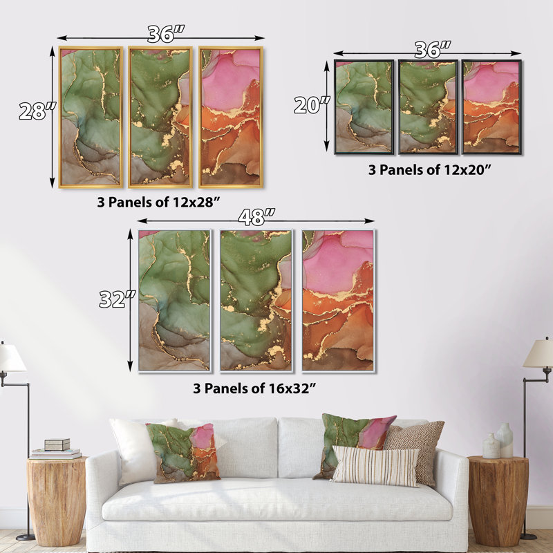 Mauve et vert, art liquide - 3 pièces, cadre flottant, impression sur toile, Cadre doré, L 48 po x H 32 po