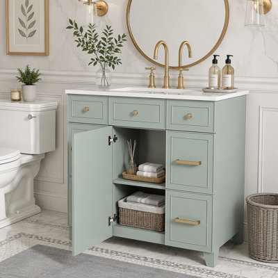 Meuble-lavabo double de 91 cm avec lavabo, armoire de rangement autoportante avec portes et tiroirs