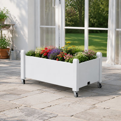 Jardinière mobile pour jardin surélevé avec roues, boîte à fleurs en résine 14 gallons avec réservoir d'eau intégré, blanc