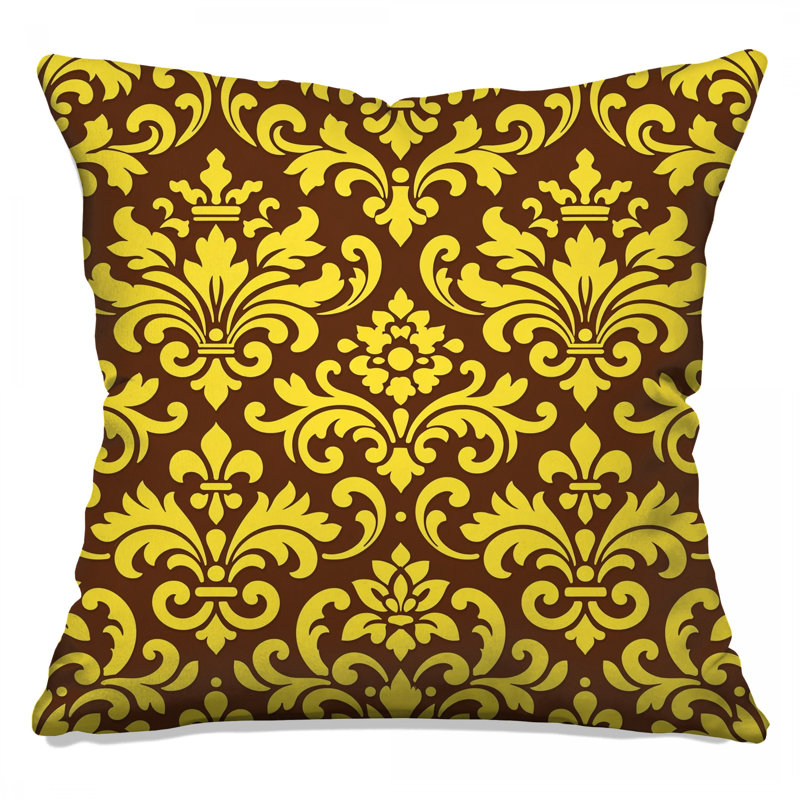 Coussins décoratifs en damas jaune et brun, 26 x 26 inches