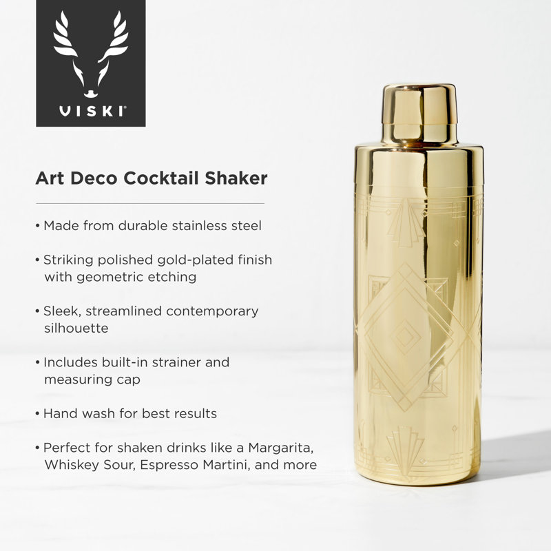 Gold Art Deco Stainless Steel Cocktail Shaker with Strainer