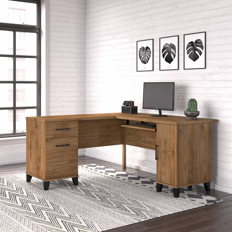 Bureau en L Paelynn de 72 po avec rangement et tiroirs, bureau d'ordinateur d'angle, bois moderne, chêne sable, Chêne sable