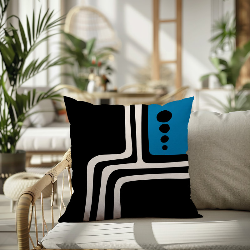Oreiller carré réversible intérieur / extérieur Tobe Minimalist, H 19 po x l 19 po, Turquoise / noir / blanc cassé