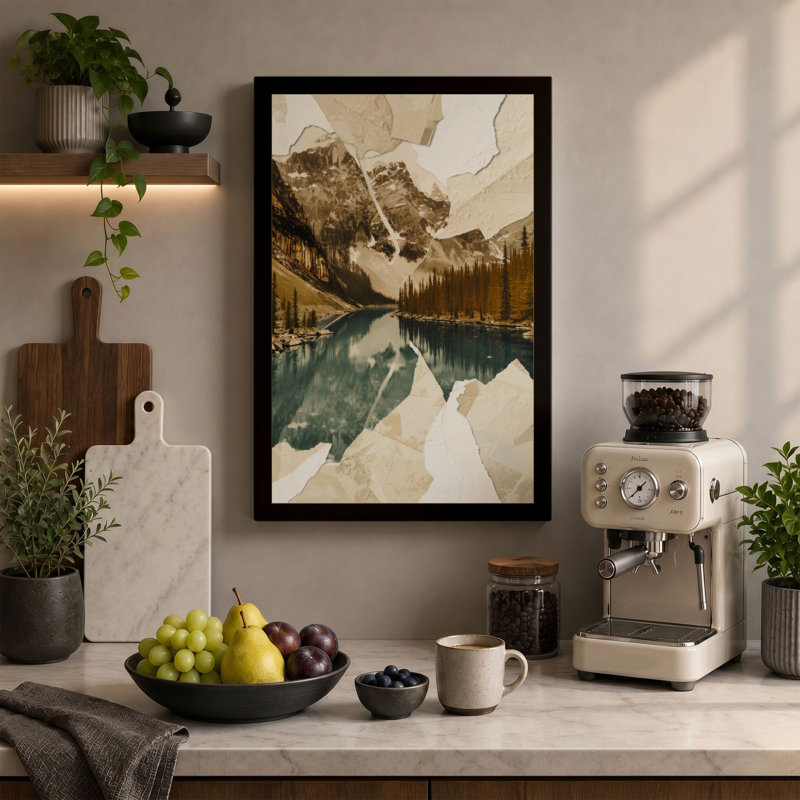 Mountain Reflections Scandinavian 1 Piece Wrapped Canvas Wall Art, 24x16 - 61.0 x 40.6 cm, Terracotta Border