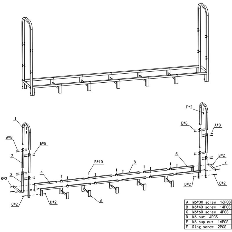 Support de bois de chauffage extérieur de 8 pi, support de bûches de bois réglable robuste et support, support de rangement en bois pour pile de bois empilable à l'extérieur pour le patio de la cour.