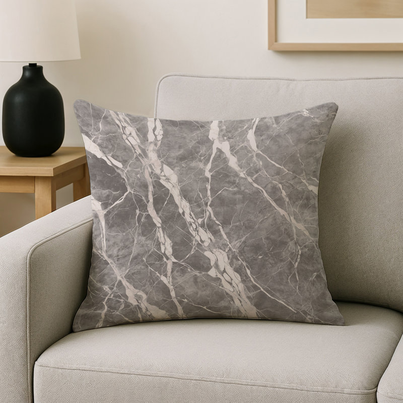Coussin décoratif intérieur / extérieur gris Modern Modern, Noir abstrait 2, Carré 16 po