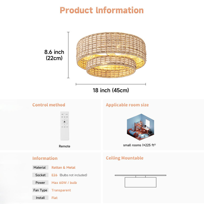 Boho Caged Ceiling Fans with Lights Flush Mount, Layered Rattan Ceiling Fan with Light Remote Control with Reversible 6 Speeds for Bedroom, Nursery, Living Room