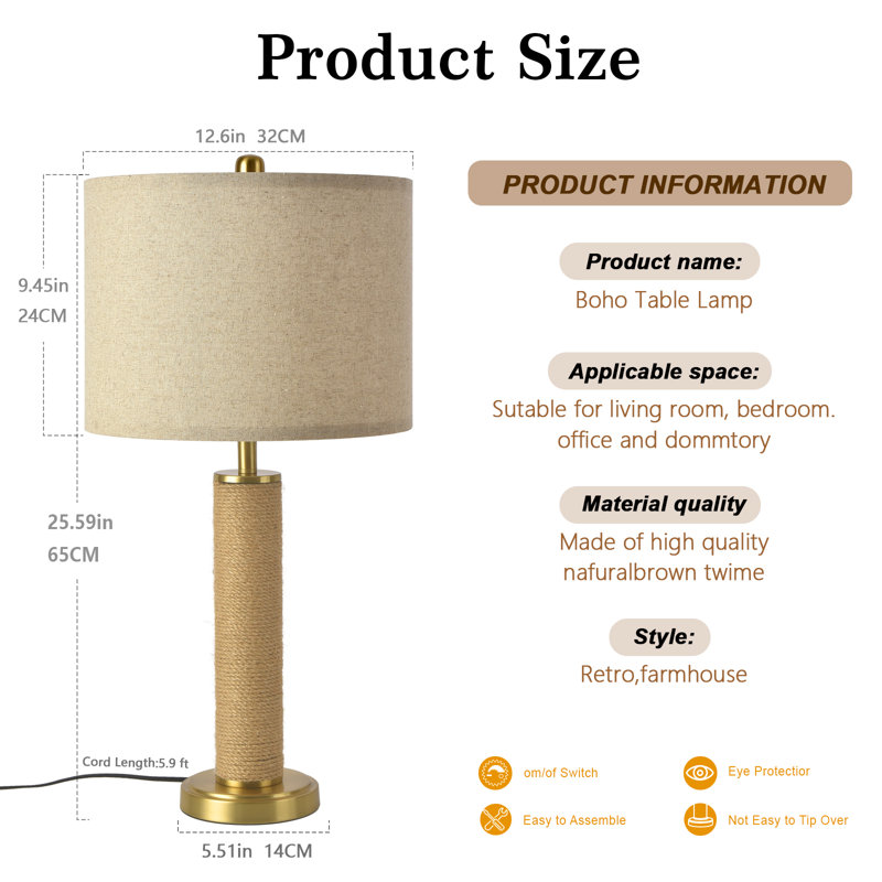 25.59 Inch Boho Brass Gold Jute Wrapped Table Lamp