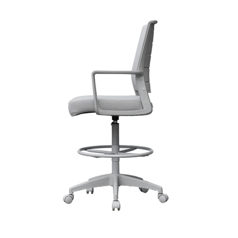 Tabouret de dessin pivotant, accoudoirs fixes, dossier en filet gris, repose-pieds chromé