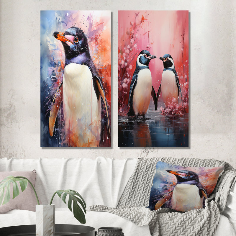 Pingouins antarctiques élégants - ensemble de salon art mural pingouin, H 28 po x l 25 po, Toile tendue