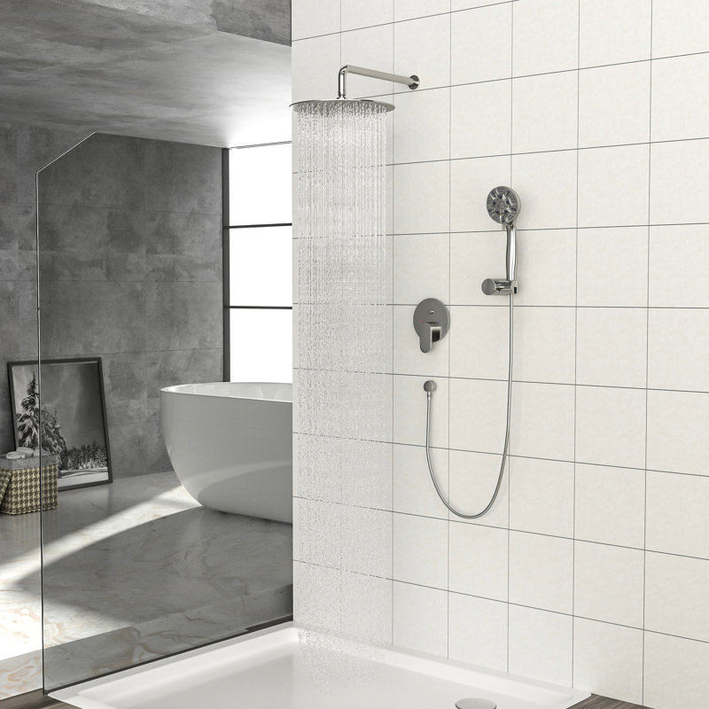 Pomme de douche à pluie 10 po, nickel brossé - fixation murale double avec portatif, 5 réglages, installation facile et système de nettoyage facile à installer