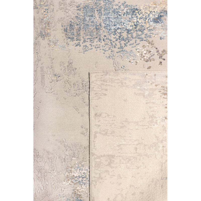 Tapis beige / bleu en laine / soie à motif abstrait Abstract, Rectangle 9' x 12'