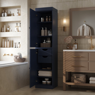100% Solid Wood Bathroom Storage Cabinet, Shaker Doors, 2 Drawers, Adjustable Shelves, 16.5" Wide, 71.5" Tall