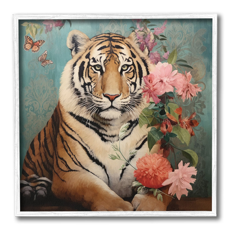 Tigre et bouquet rétro, estampe numérique par Lazar Studio, Giclée encadrée blanc bord de mer, H 17 po x l 17 po