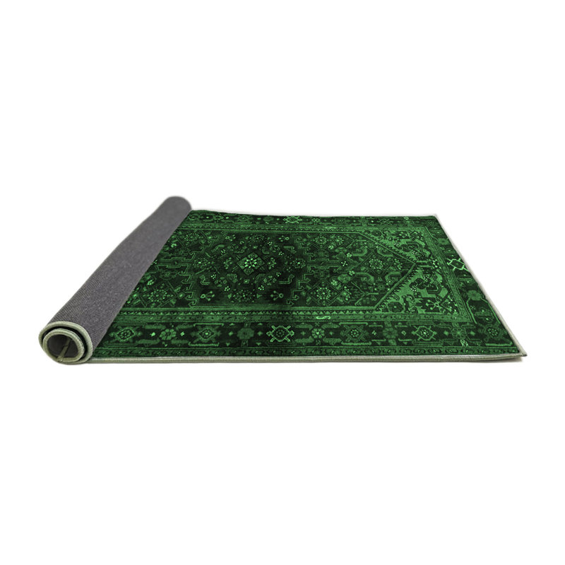 Tapis oriental en laine / polyester tissé à la machine en vert / noir, Rond 3 pi