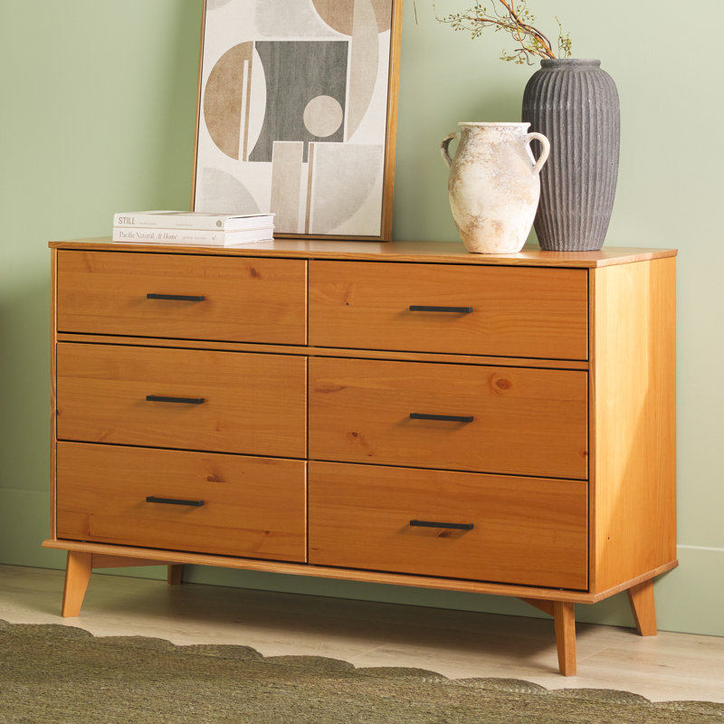 Caramel Solid Pine Wood 6-Drawer Dresser with Metal Handles
