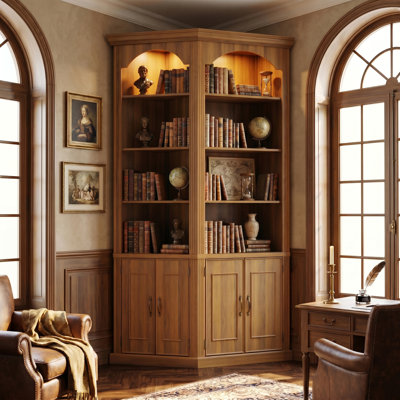 Busby 90.3'' Tall Corner Bookcase With Cabinet Doors, 2 Top Spotlights And 3-Color Lighting