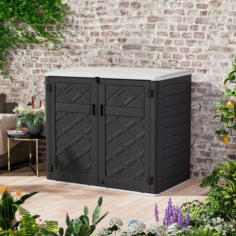 Grande remise horizontale, 48 pi³ en résine résistante aux intempéries, boîte de rangement verrouillable pour le jardin, Noir
