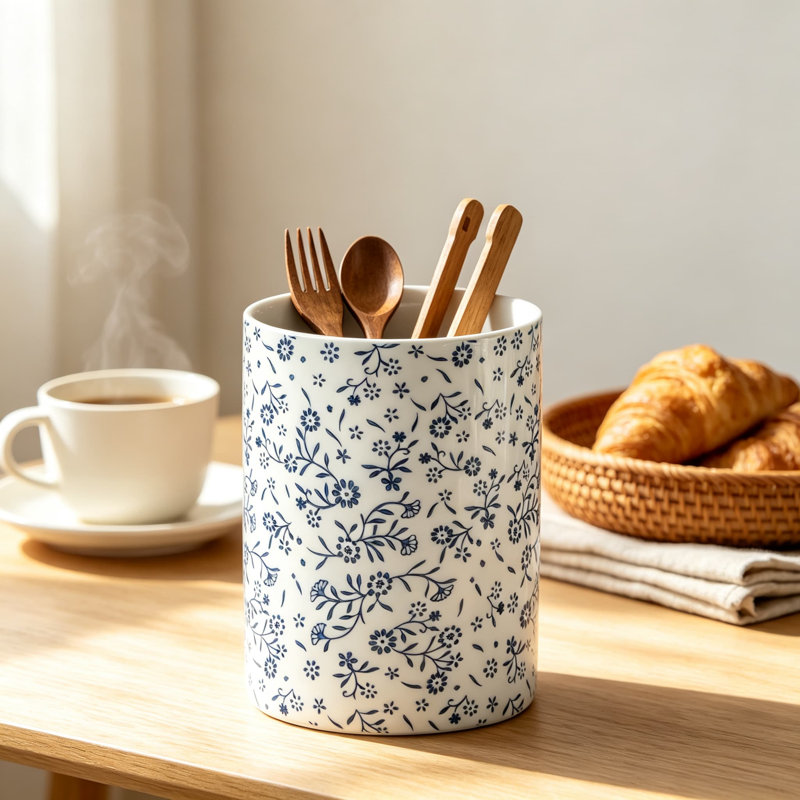 Très grand porte-ustensiles en céramique pour comptoir de cuisine, spatule robuste et organisateur d'ustensiles de cuisine, décor de cuisine rustique d'appartement de campagne, pot résistant aux ébréchures pour les louches, les cuillères et les pinces